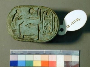 Green scarab referring to Pharaoh Thutmose III&rsquo;s battle at Qadesh UC12034 - Copyright of the Petrie Museum of Egyptian Archaeology, UCL